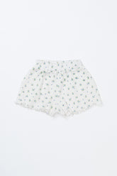 Flat Lay of Avauma Petit Bloom Blooming White Baby Shorts, Soft Ribbed Cotton with Blue and Pink Floral Print